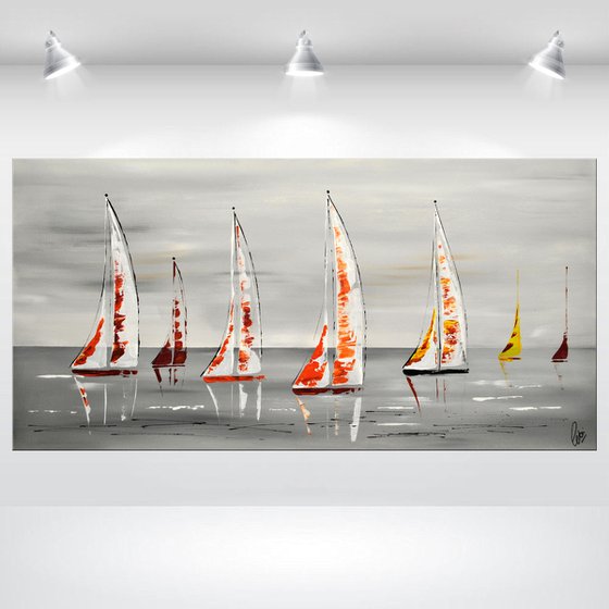 White Sails- Abstract- Colourfull Sailboat Painting- Large Acrylic Art Canvas Wart Art Ready to hang