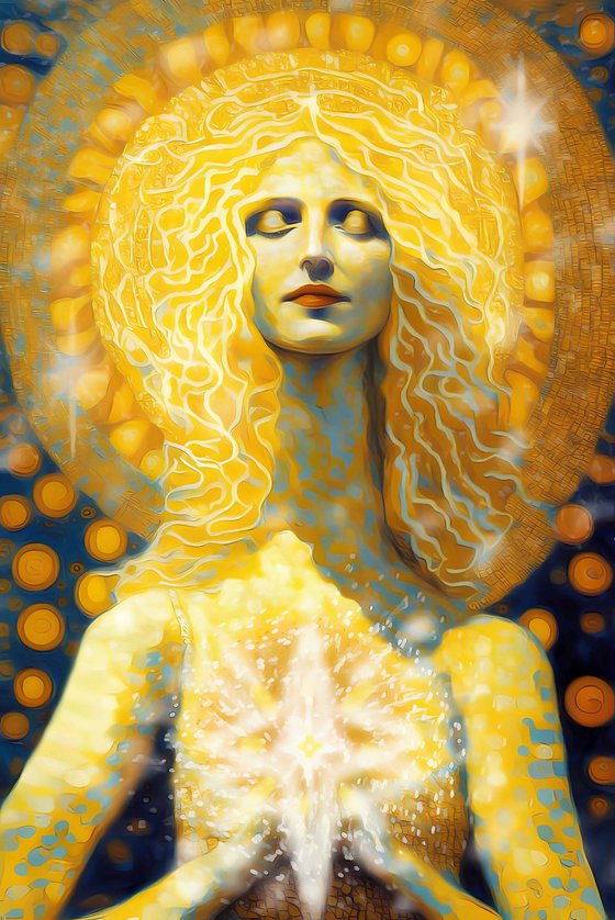 Inner Light. 180 x 120 cm. Magical radiance of the soul. Futuristic fantasy fabulous esoteric surreal mystery harmonious artwork. Yoga meditation relaxation pray aura grace Large format wall art on canvas. Original golden yellow huge digital painting for home decor