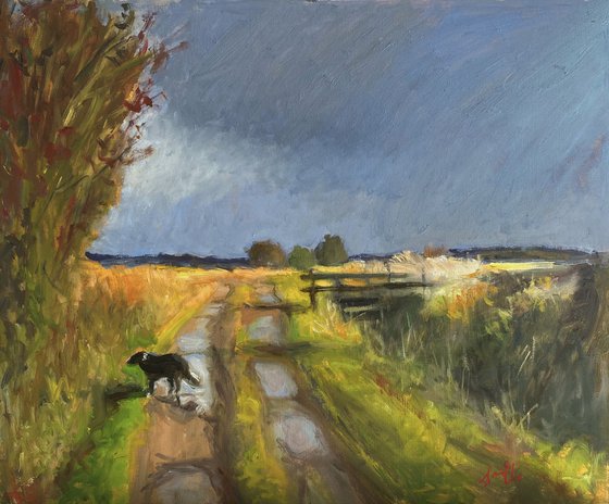 Impressionist English countryside with dog landscape.