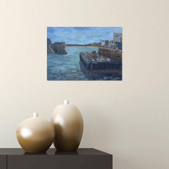 Barge in Penzance harbour, oil painting.