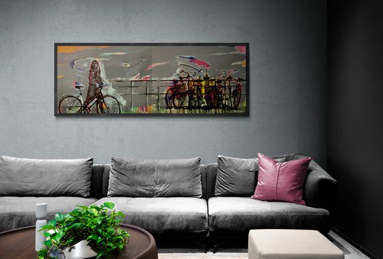 Big painting - "Amsterdam" - Girl - Bikes - Bicycle - Diptych - Pop Art - Urban