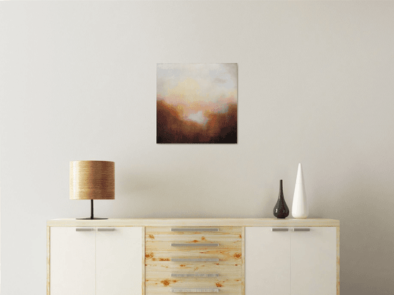 One Golden Sunrise 50X50 cm in frame - gold particles original oil painting landscape gift modern urban art office art decor home decor gift idea