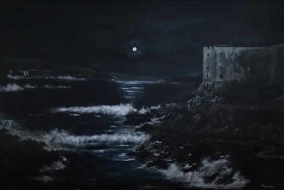 'Clifftop castle under moonlight'