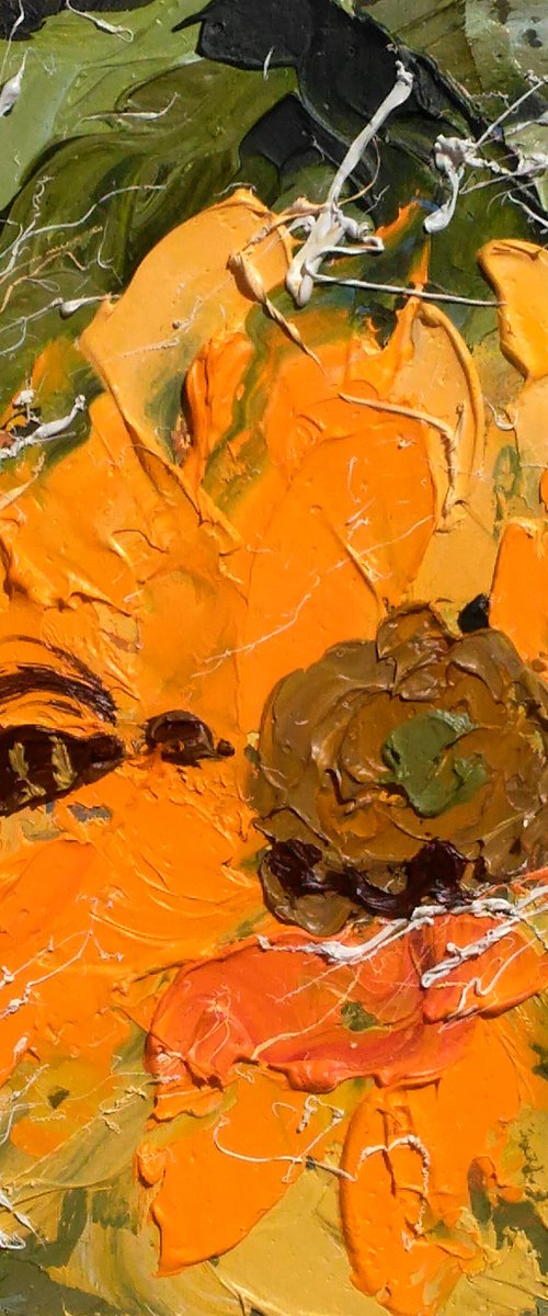 Sunflower Painting Bee Original Art Flower Small Oil Impasto Palette Knife Floral Artwork 6 by 6 inches by Halyna Kirichenko