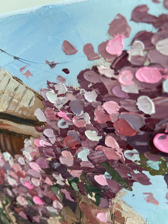 Romantic street flowers painting on canvas 18x18mini art impasto oil
