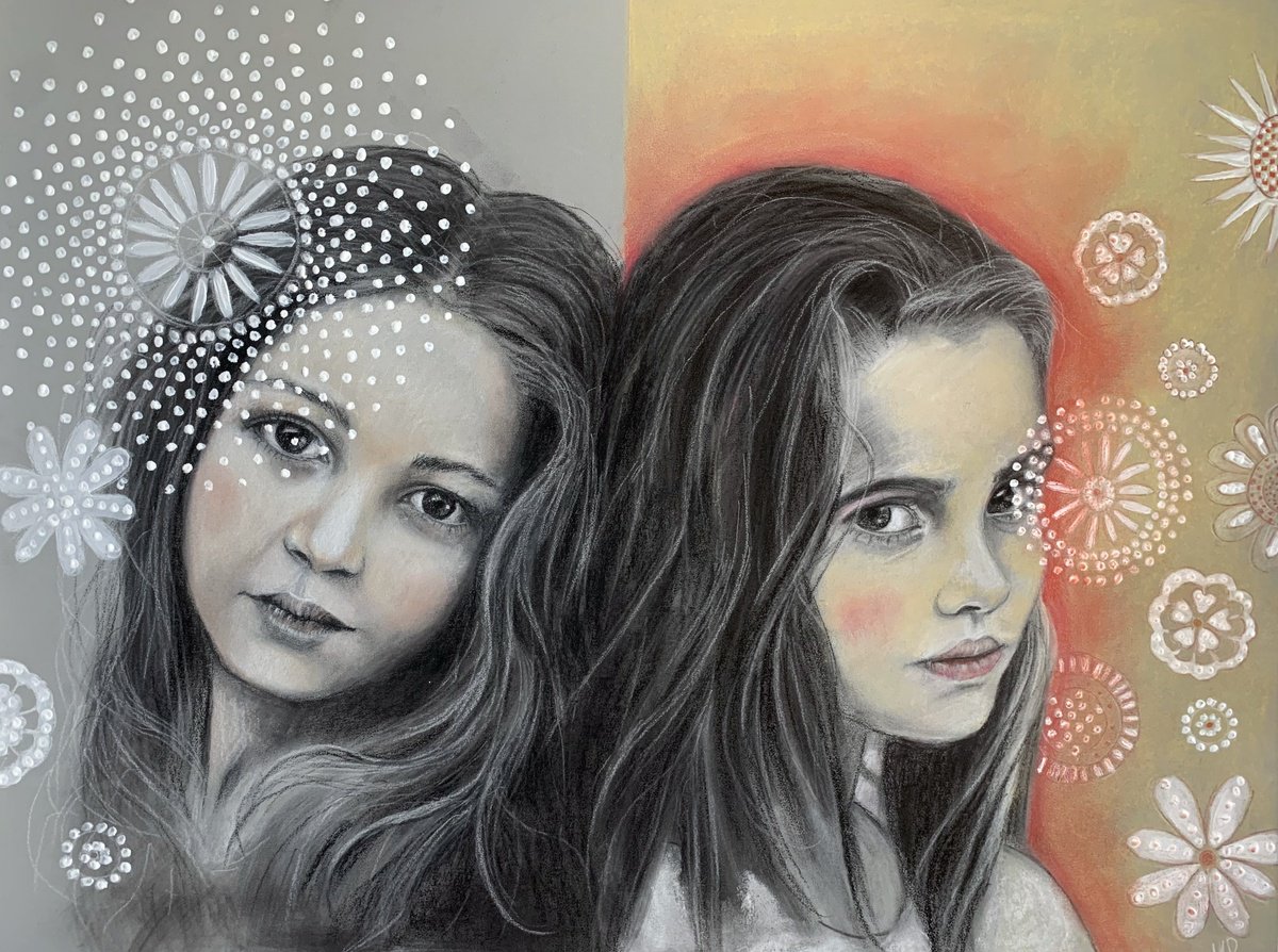 Expressive Portrait Pastel Drawing By Maria Romano, 26 X 20", Invisible Bond, Original Artwork