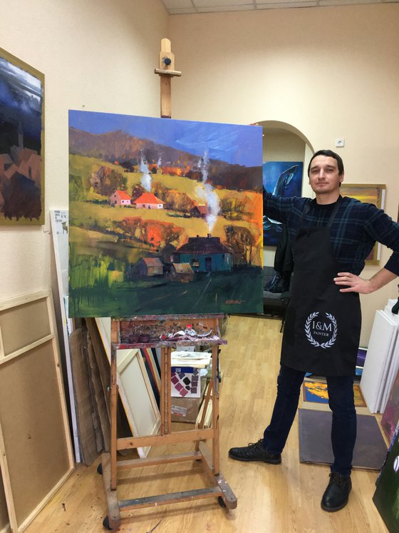 Large oil painting on canvas “Warm evening Landscape in the Carpathians” Landscape