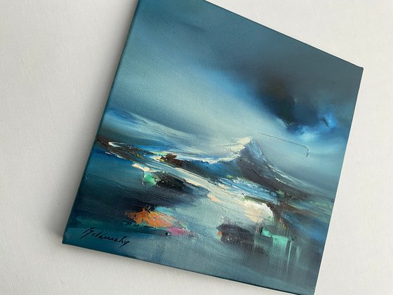 Misty Days - 30 x 30 cm, abstract landscape painting in blue