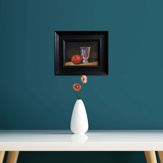 Plum & Silver Pot Still Life original oil realism painting, with wooden frame.