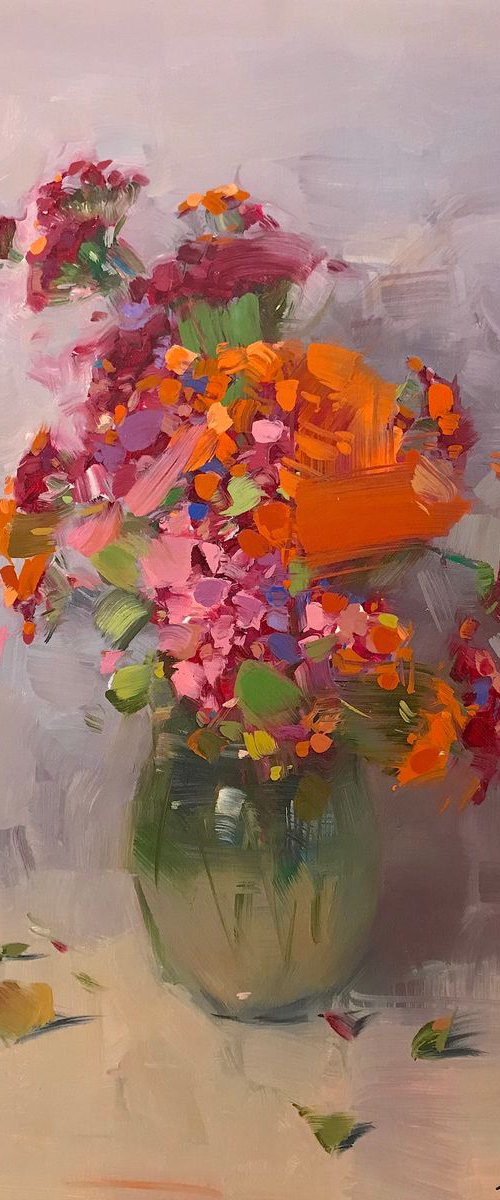 Orange Flowers, Oil painting, One of a kind, Handmade artwork by Vahe Yeremyan