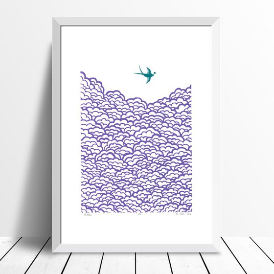 Swallow A3 size in amethyst and biscay bay - Framed - FREE Worldwide Delivery