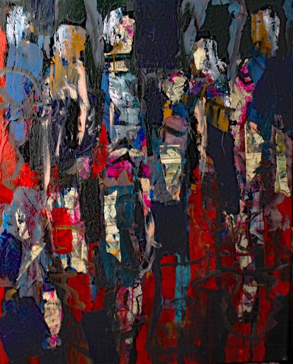 Urban And Pop Portrait Painting By Jacques Donneaud, 29 X 36, Les Noctambules, Original Artwork