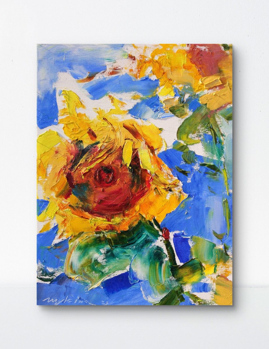 Expressive Botanical Oil Painting By Helen Shukina, 12 X 16, Sunflowers And Sky, Original Artwork