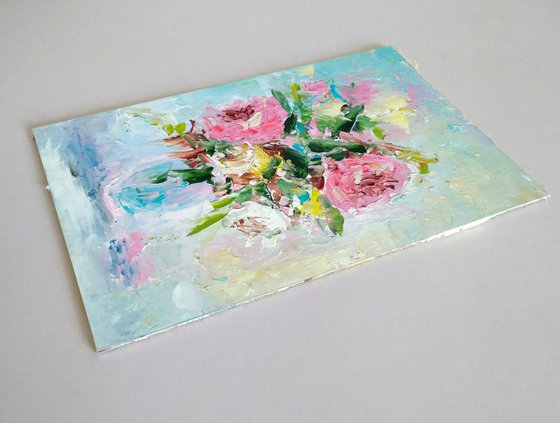 Roses Painting Original Art Floral Oil Painting Flower Bouquet Artwork Small Wall Art