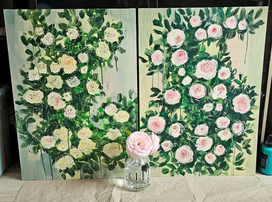 Blooming abstract rose garden in pale yellow