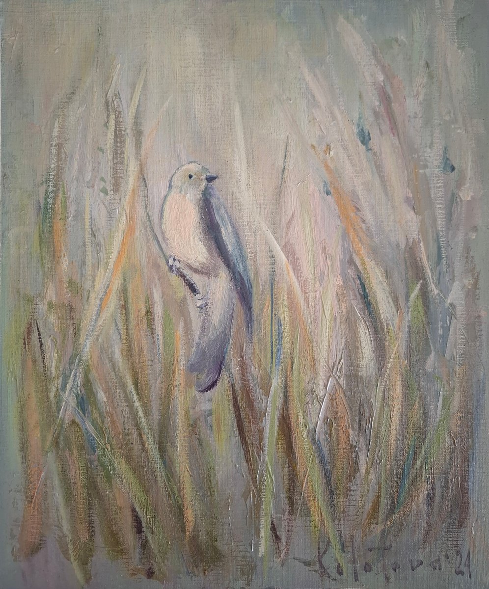 Impressionistic Animal Oil Painting By Olena Kolotova, 10 X 12", A Bird In A Blooming Tree, Original Artwork