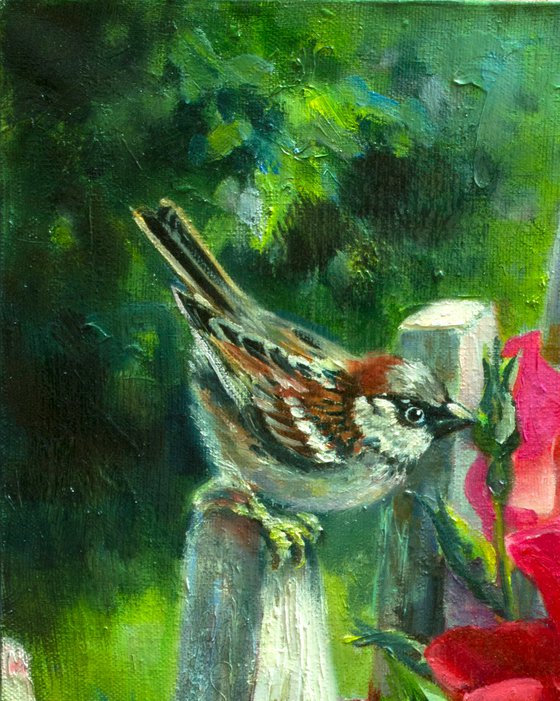 "Sparrow and rose"  liGHt original painting PALETTE KNIFE  GIFT (2018)