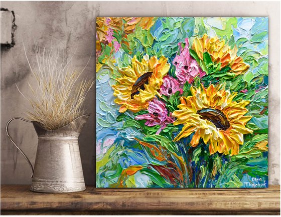 Sunflower Bouquet - Original Floral Painting on Canvas, Palette Knife Art, Textured Impasto Artwork