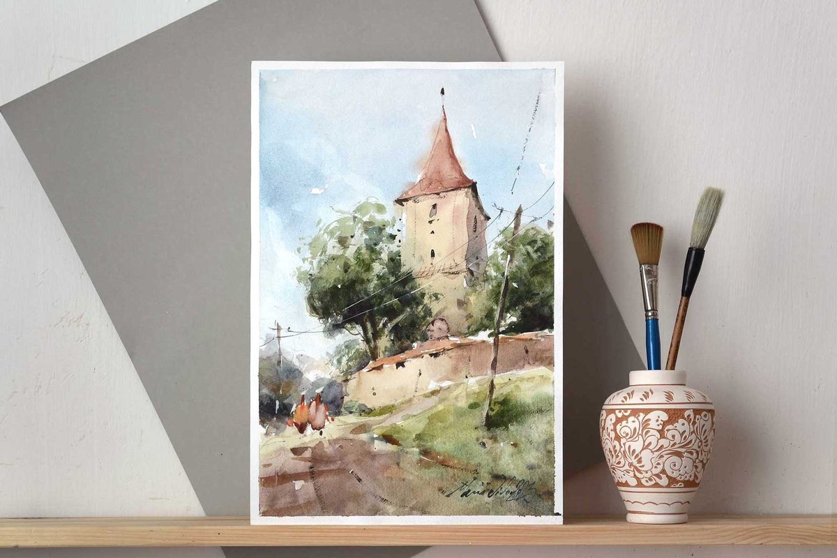 Impressionistic Cityscapes Watercolour By Marin Victor, 9 X 14", Rural Romanian, Watercolor, Original Artwork