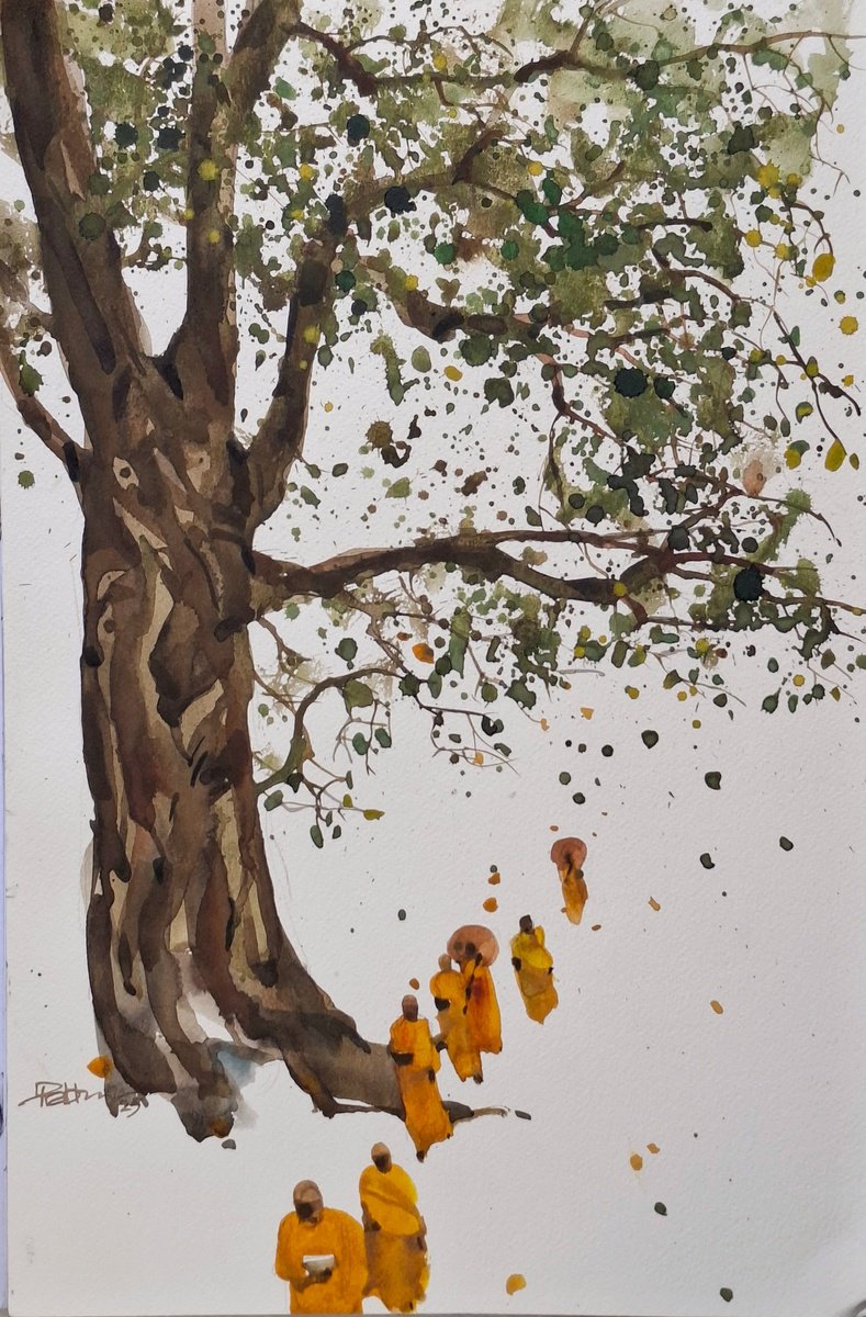 Impressionistic Landscape Watercolour By Prashant Prabhu, 12 X 18", Bodhi Tree, Religious Path, Original Artwork