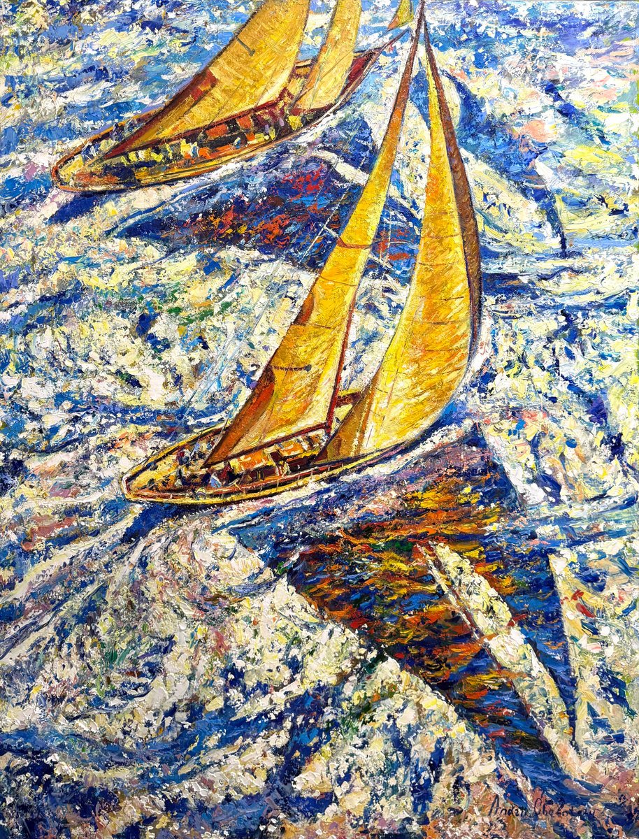 Impressionistic Landscape Oil Painting By Andrii Chebotaru, 39 X 51, Sails Of Freedom., Original Artwork