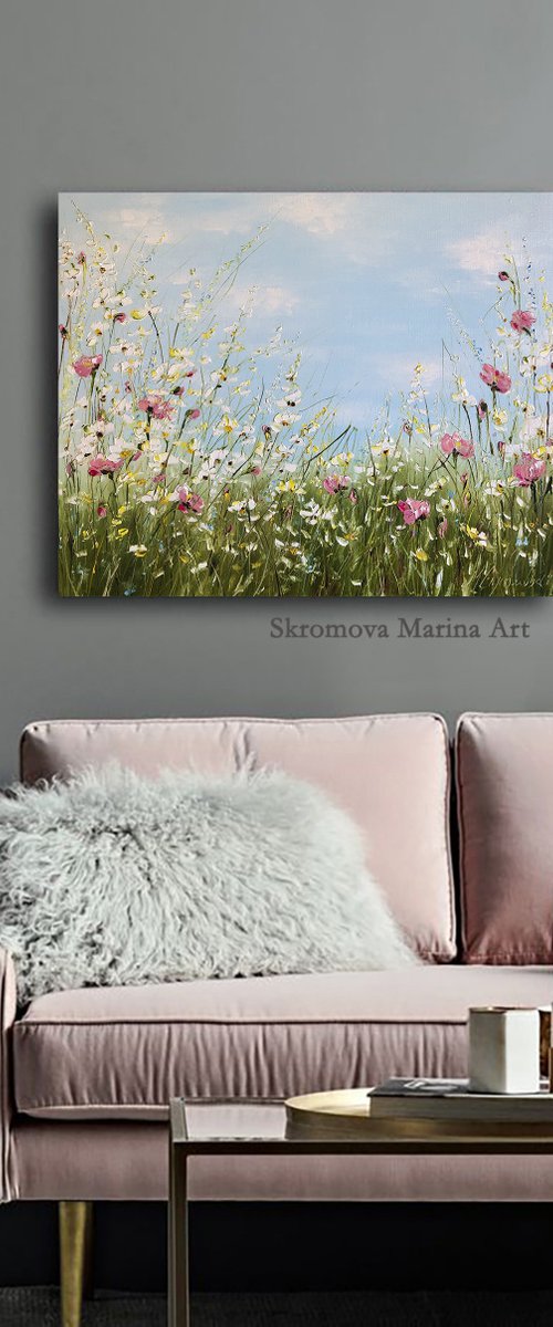 MORNING THOUGHTS - Pink flowers. Blue sky. Wildflowers. Bloom. Petals. 3d flowers. Herbs. Lawn. Summer. by Marina Skromova