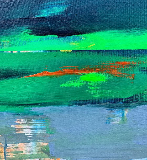 "Before the rain" - Expressionism - Minimalism - Seascape - Landscape - Dark blue - Bright green