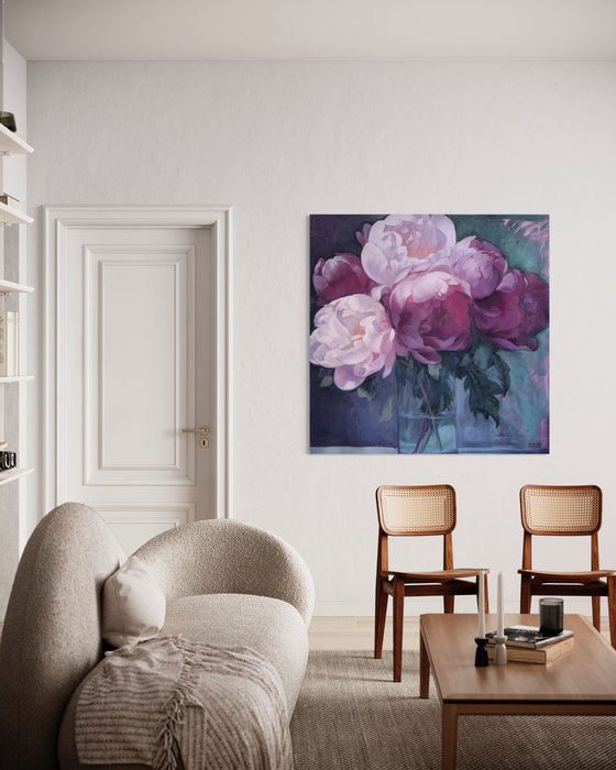 Peony bouquet in a glass vase