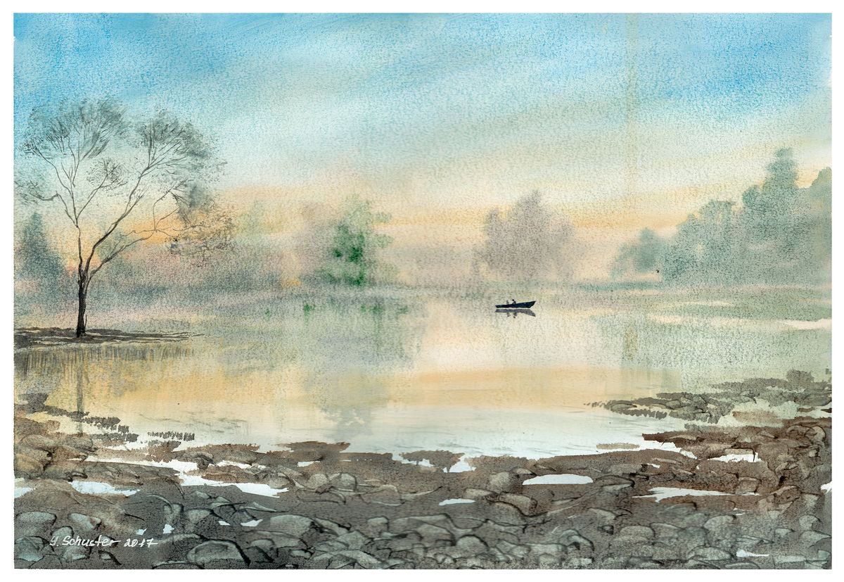 Impressionistic Landscape Watercolour By Yulia Schuster, 16 X 11", Sunrise Fishing, Original Artwork