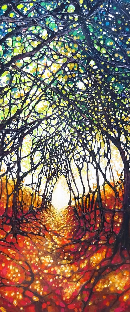 The Watchers in the Forest - a very large oil painting of a woodland path with deer by Gill Bustamante