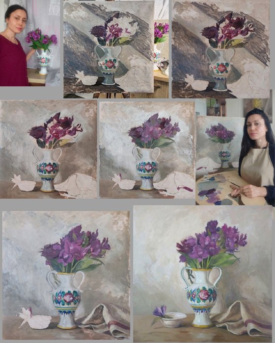 Purple flowers in a colorful jug