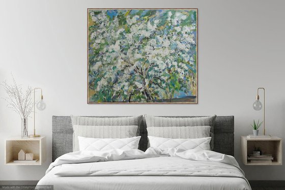 FLOWERING BUSH. APPLE TREE - floral art, landscape, blooming plant, original oil painting, Moscow