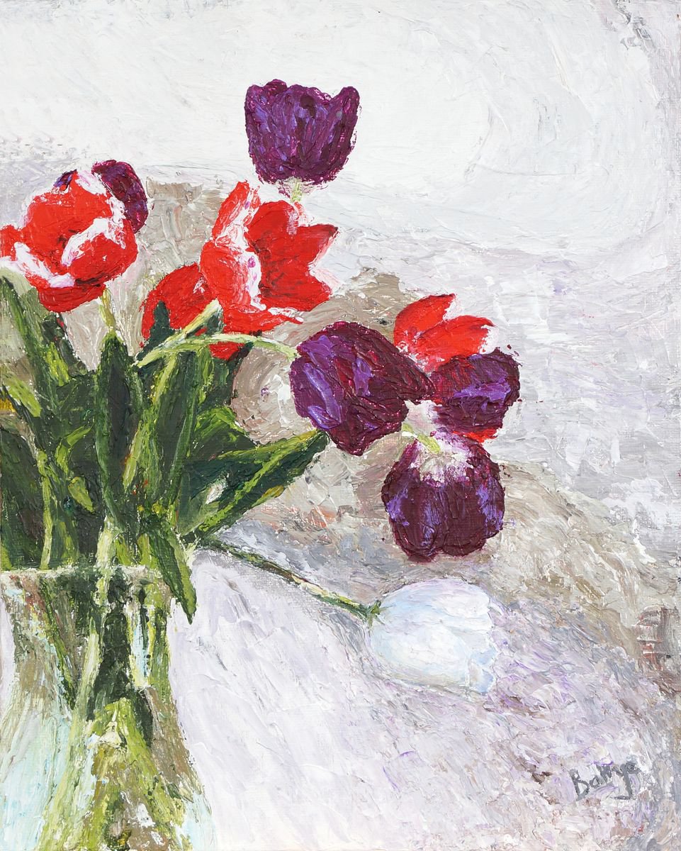 Tulips In A Vase - Palette Knife Painting - Framed - Ready To Hang by Margaret Battye