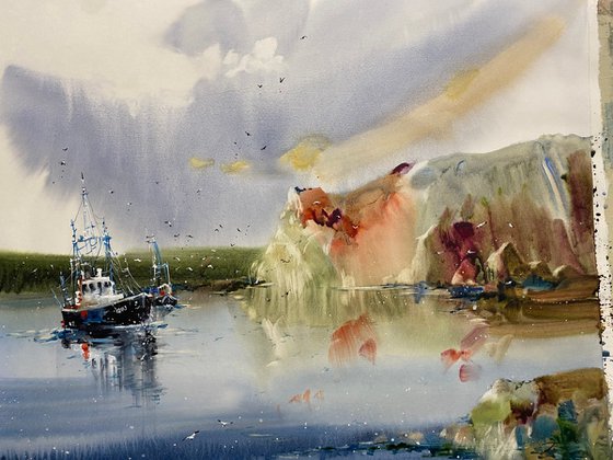 Watercolor "Old fishing boat” gift For Him