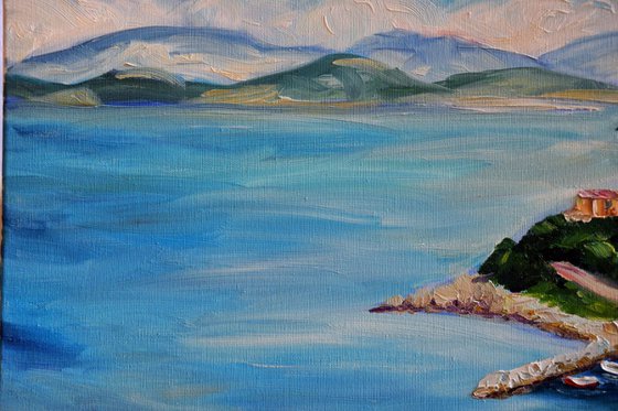 Ships seascape large oil painting on canvas, Greece panorama, coastal home decor