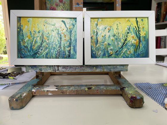 Abstract flowers in mint 1 and 2