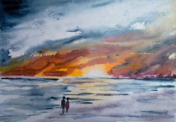 Abstract watercolor landscape wet on wet original watercolor painting TOWARDS YOUR SUN