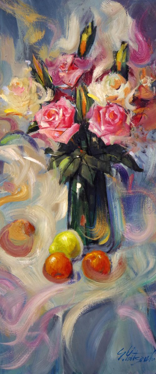 Roses in a glass vase by Sergei Yatsenko