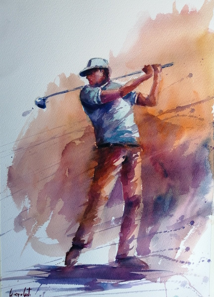 Impressionistic Watercolour , Golf Player 5 By Giorgio Gosti, 14 X 21, Artwork For Sale On Artfinder