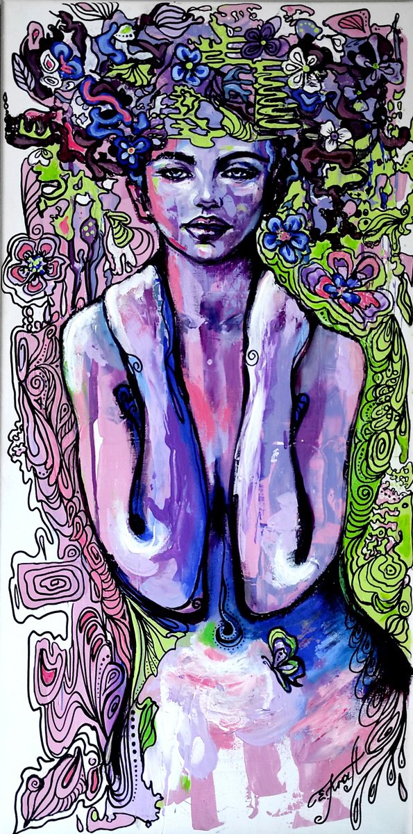 Expressive Portrait Acrylic Painting By Elena Kraft, 16 X 31, Colorfully Beauty, Original Artwork