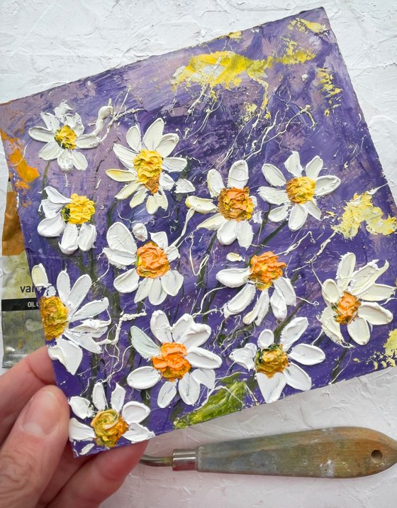 Daisy Painting Impasto Original Art Chamomile Flowers Oil Artwork Floral Wall Art 6 by 6  in