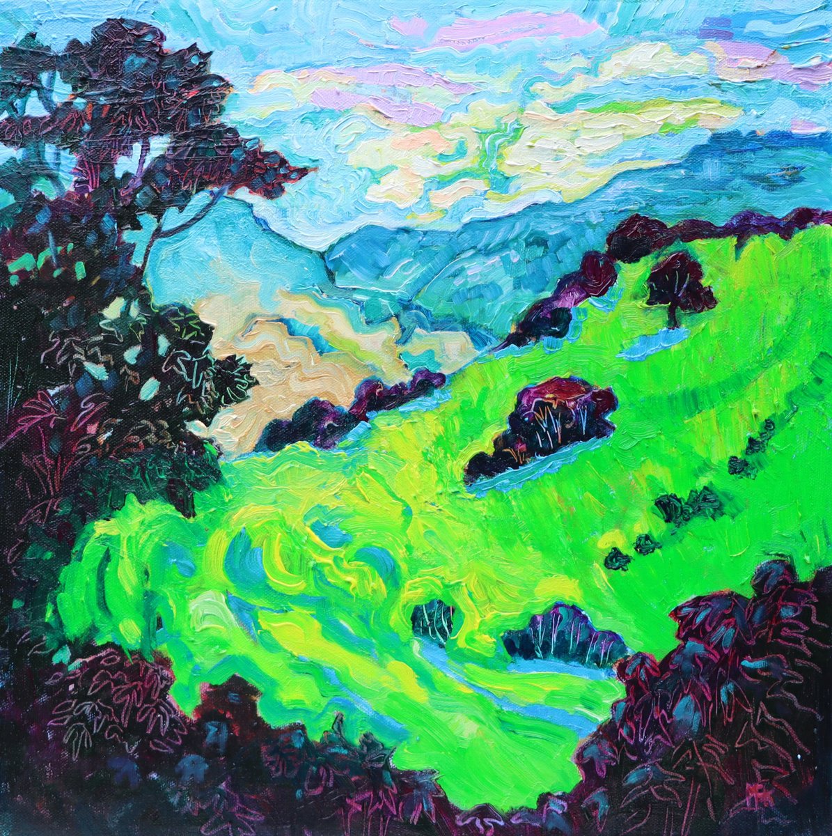 Impressionistic Landscape Oil Painting By Mary Kemp, 16 X 16", Derbyshire Hills, Original Artwork