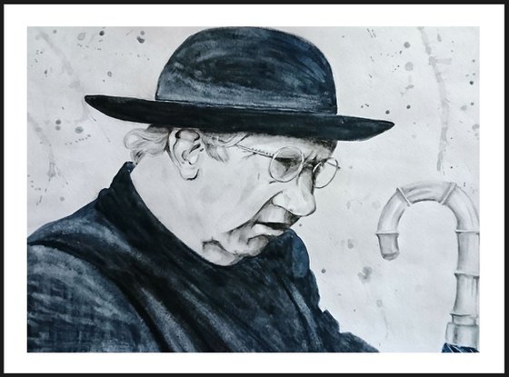 Father Brown. Portrait. Monochrome watercolor painting.