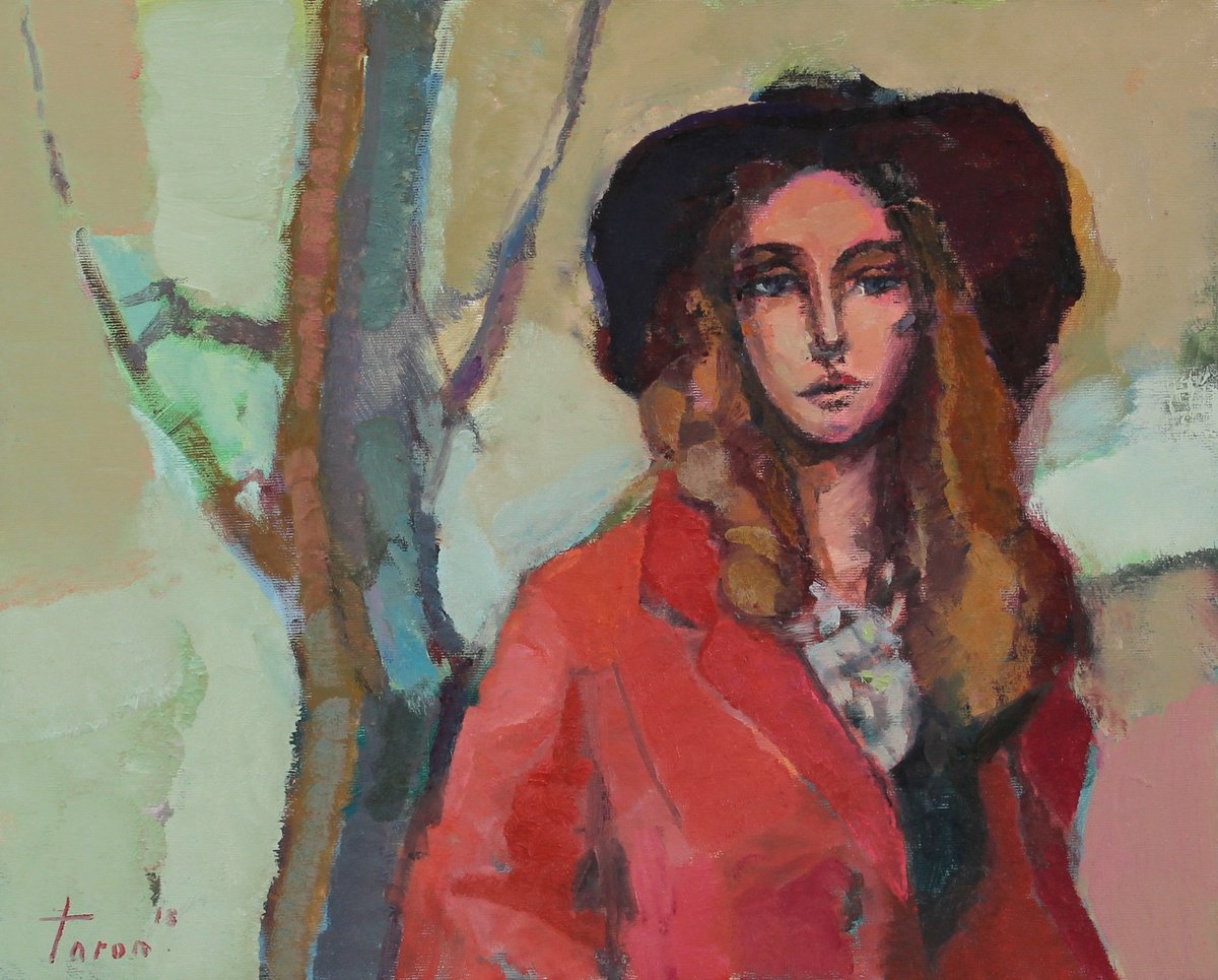 Abstract Portrait Oil Painting By Taron Khachatryan, 20 X 16", Winter Walk, Original Artwork