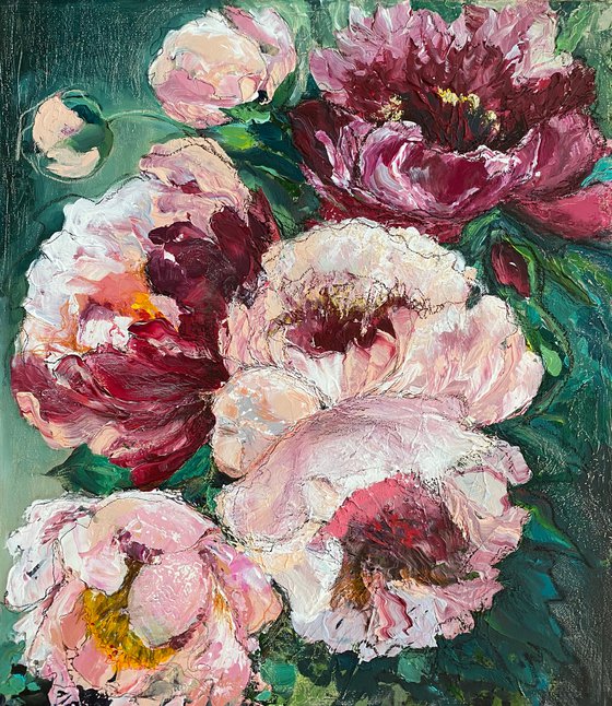 PEONIES ON EMERALD- original painting on canvas floral
