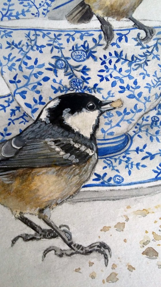 Oh crumbs ( Blue and white China tea set and birds watercolour painting )