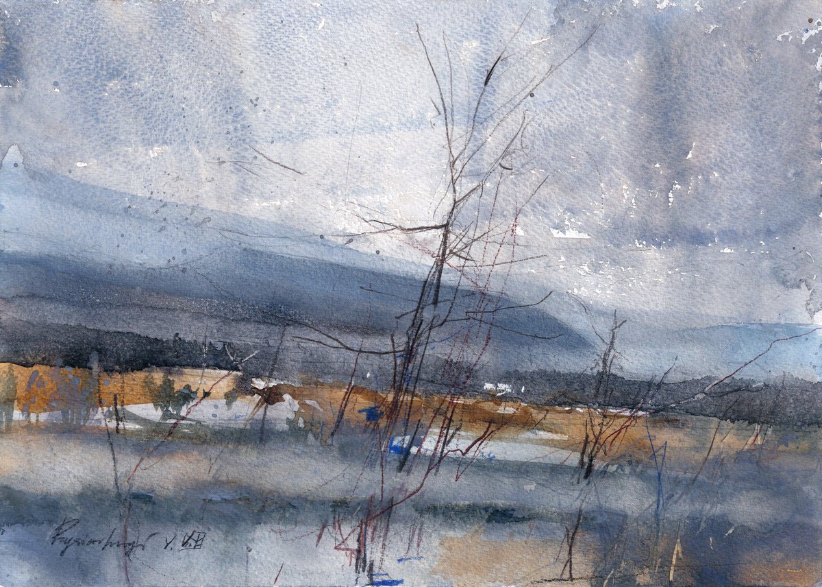 Impressionistic Landscape Watercolour By Yurii Prysiazhnyi, 14 X 10", Morning Fog, Original Artwork