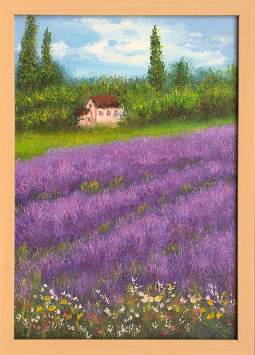 Impressionistic Landscape Oil Painting By Ludmilla Ukrow, 9 X 13", Lavender Field, Original Artwork