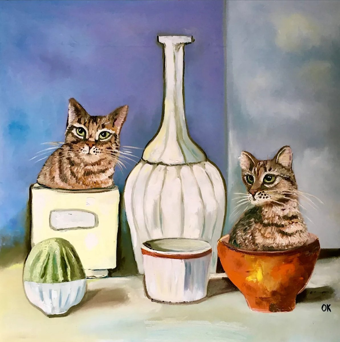 Impressionistic Animal Oil Painting By Olga Koval, 32 X 32", Morandi Cats, Original Artwork