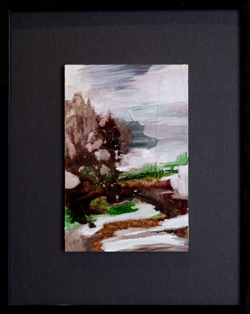 Neiges éternelles 6 - Small abstract landscape painting with mat by Chantal Proulx